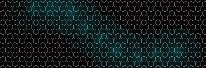 Obraz premium Dark hexagon abstract technology background with blue colored bright flashes under hexagon. Hexagonal gaming vector tech wide illustration.