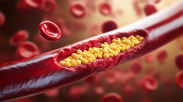 High cholesterol in blood vessel with red blood cell, 3d render.