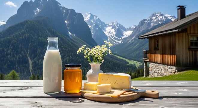Fresh milk, honey, and artisan cheese displayed on a wooden table with a stunning snowy mountain range backdrop.