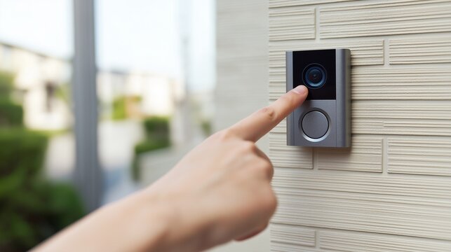 Close-up of a person pressing a smart doorbell button at a home entrance