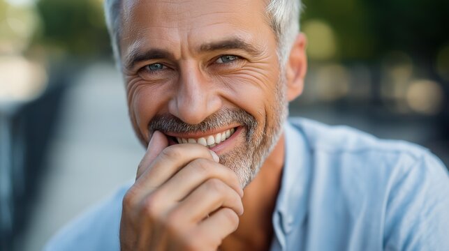 Confident middle-aged person smiling outdoors, touching their teeth