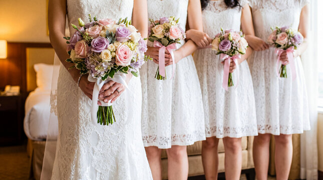 Elegant bride and her bridesmaids showcasing beautiful floral bouquets in delicate white lace dresses on a wedding day.