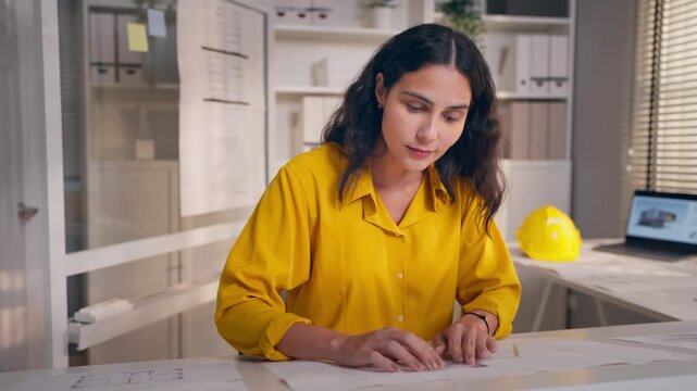 Young Hispanic woman architect sitting at desk, working in an office. 