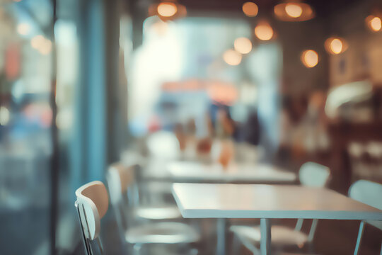 Cozy cafe interior with blurred tables, chairs, and warm lights