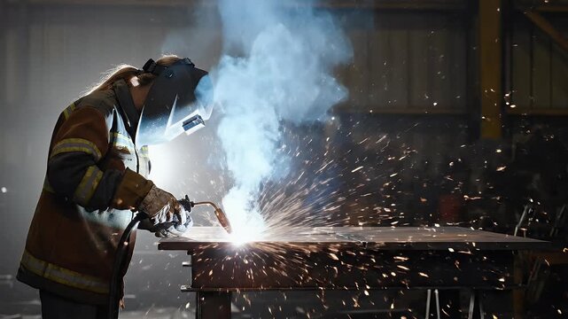 A skilled welder, wearing protective gear, expertly performs a welding task, creating a shower of sparks as they join metal pieces in an industrial setting.