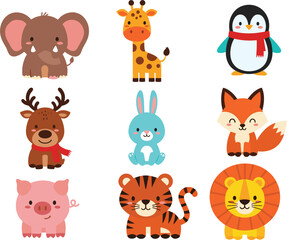 Fototapeta premium Cute cartoon animals elephant giraffe penguin deer rabbit fox pig tiger lion vector illustration set