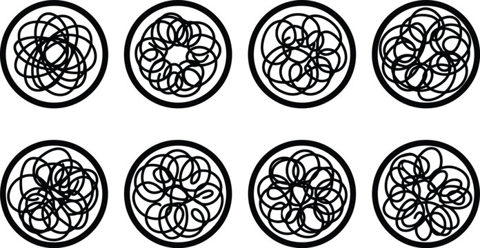 Ocho c&iacute;rculos con patrones abstractos de l&iacute;neas enredadas, que evocan garabatos o madejas de hilo.