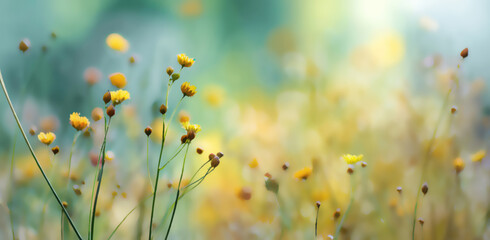 Gentle yellow wildflowers sway in a sun-drenched meadow with soft bokeh © Agna