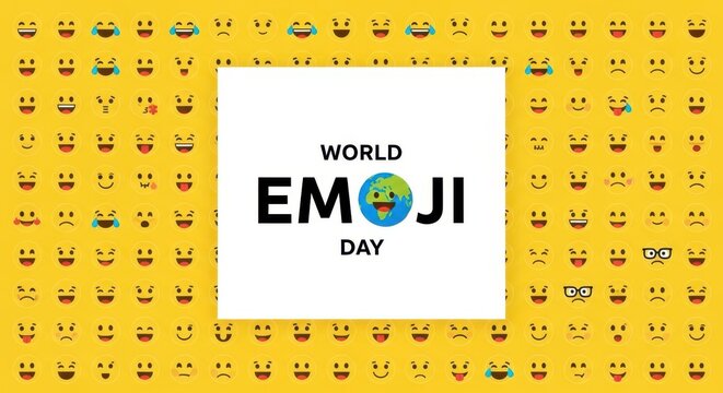 World emoji day celebration background with various yellow emoticons and a happy earth globe icon in the center