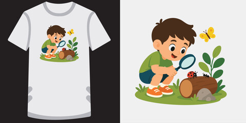Young boy exploring nature using magnifying glass observing insects on log with butterfly.