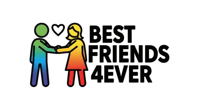 Best friends 4ever text with a colorful illustration of a man and a woman holding hands and a heart icon isolated on white background