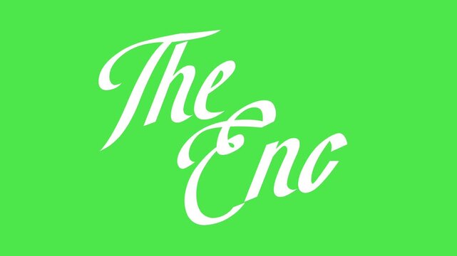 Elegant white The End lettering animation on green background with smooth script typography and clean motion design. Cinematic movie endings, transitions, overlays, broadcast editing, outro scenes.