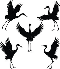 Obraz premium Crane bird silhouettes set, flying and standing heron stork collection with wings spread design