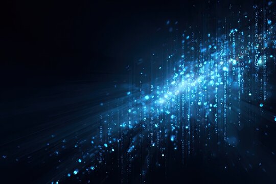 Abstract digital stream of glowing binary code and particles