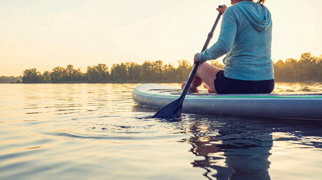 Close-up photograph of a woman sitting on a paddleboard, gently paddling on a calm lake at sunrise or sunset.