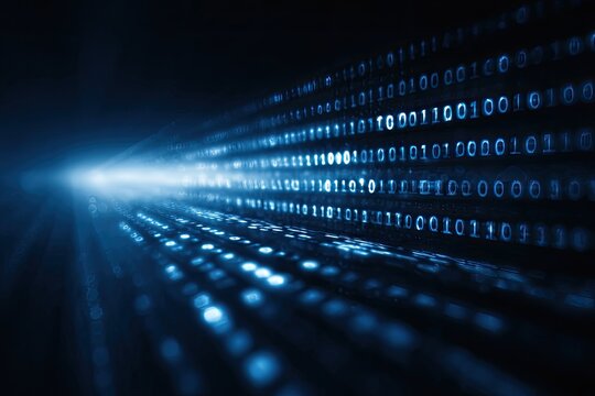 Abstract digital stream of glowing blue binary code with light streaks
