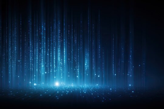 Digital rain effect, glowing lines, and binary code falling against a dark background