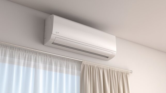 Wall-mounted ductless heat pump indoor unit above window, representing heat pump service hvac repair and maintenance.