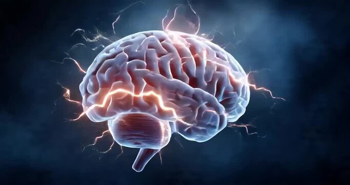 Human brain digital illustration. Electrical activity, flashes and lightning on a blue background
