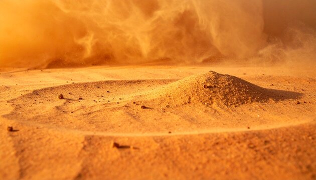 Turmeric powder mound with airborne spice dust cloud on warm background