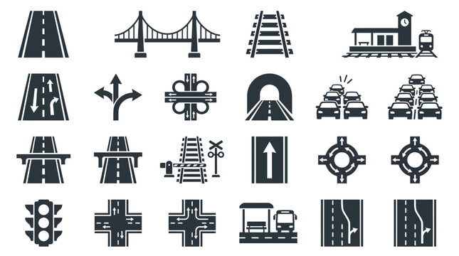 Set of vector icons representing transportation infrastructure and road systems.
