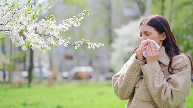 Uncomfortable young woman experiences intense sneezing and discomfort outdoors during blooming spring season. Pollen triggers seasonal allergy symptoms, causing distress.