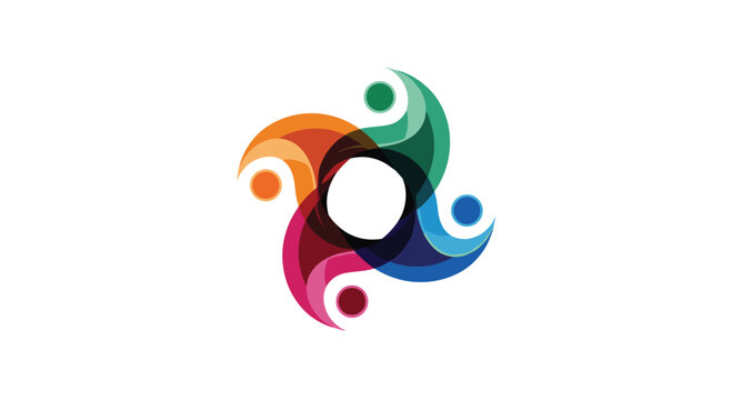 Vibrant abstract logo design representing unity and community with four colorful figures interlocking in a circular motion.