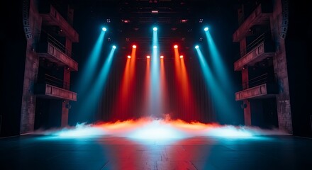 Naklejka premium Theatrical stage with blue and red spotlights and fog