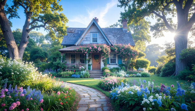 Traditional New England Home: Saltbox Style Cottage in Soft Morning Light