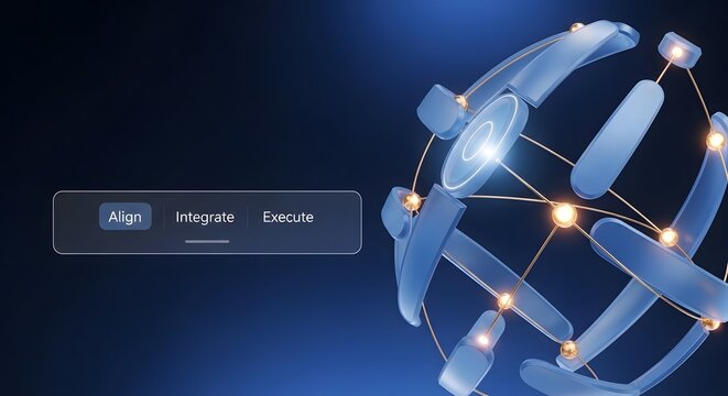 Global network sphere illustrates how complex systems align, integrate, and execute through interconnected digital nodes to form a cohesive structure of modern international business operations.
