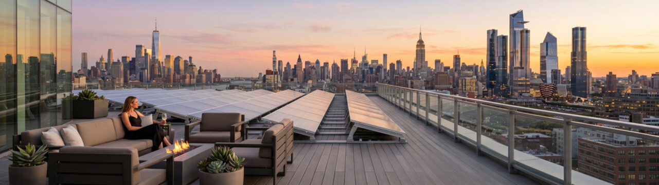 Urban rooftop terrace with woman relaxing near fire pit and large solar panel canopy at sunset