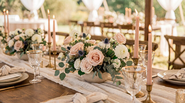 Elegant outdoor wedding reception table setting with floral centerpieces, candles, and rustic decor under a tent.