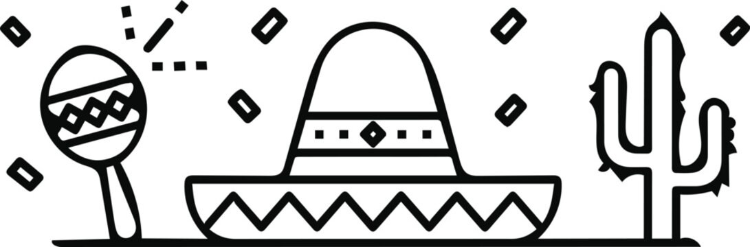 Mexican sombrero hat with maraca and cactus