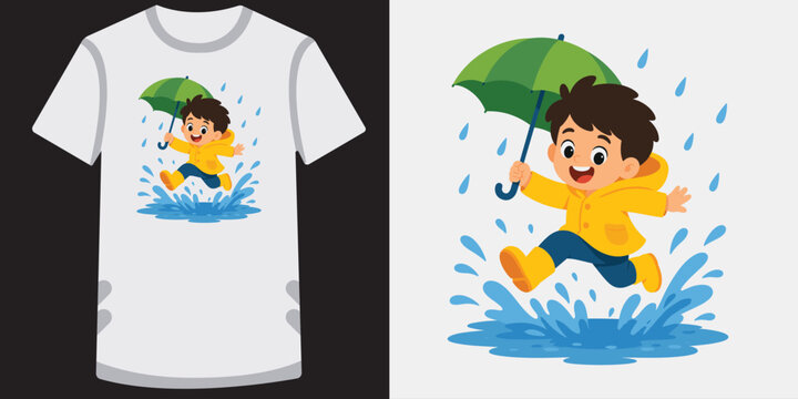 Happy little boy in yellow raincoat jumping in water puddle holding green umbrella.