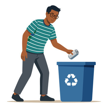 Man throwing can into recycling bin on street