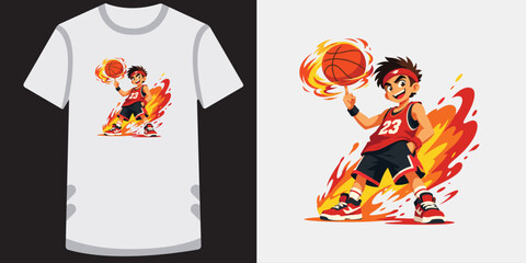 Anime boy basketball player spinning fiery ball on finger cartoon sports t-shirt design. © jubayer71