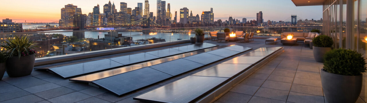 Luxury rooftop terrace with solar panel array fire pits and lounge seating overlooking city skyline at sunset