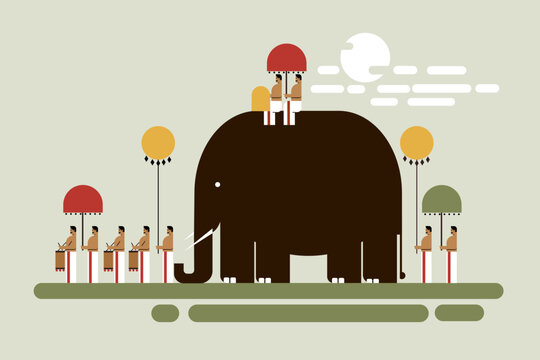 Stylised illustration of a traditional Kerala temple festival procession with a decorated elephant, ceremonial parasols, and performers, representing South Indian cultural heritage