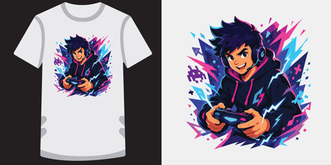 Pro gamer boy playing video games with console controller and electric lightning background. © jubayer71
