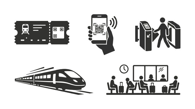 Set of monochrome train and railway station icons.