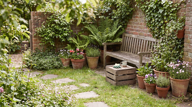 Rustic garden nook with a worn wooden bench and lush potted plants in terracotta pots on a sunny day.
