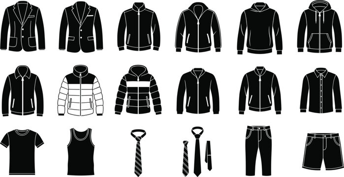 Comprehensive collection of men clothing silhouettes including jackets blazers hoodies shirts and accessories isolated on white background for fashion retail and apparel design SEO.
