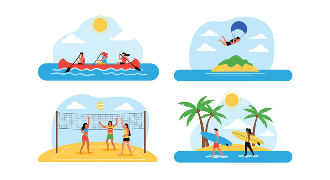 Set of four illustrations showing people enjoying various summer activities like canoeing, parasailing, beach volleyball, and surfing at the sea.