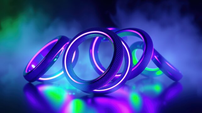 Glowing rings stacked, vibrant colors illuminate dark background. Futuristic design, sleek metallic texture, dramatic lighting effects.