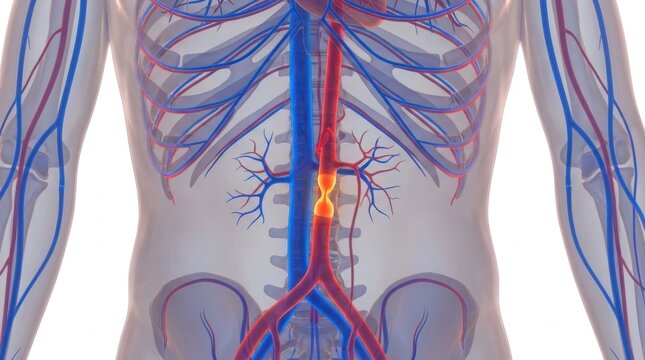 Close-up view of the human circulatory system showing an abdominal aortic aneurysm