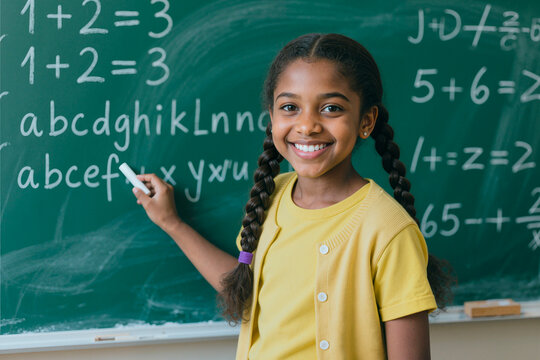 Portrait of Black schoolgirl writing alphabet on chalkboard and smiling at camera in classroom, showing early learning and academic progress. Ideal for education campaigns and school ads