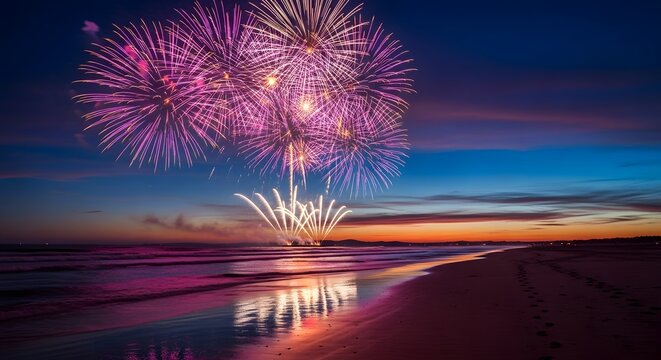 Beautiful purple fireworks display over a sandy beach at sunset