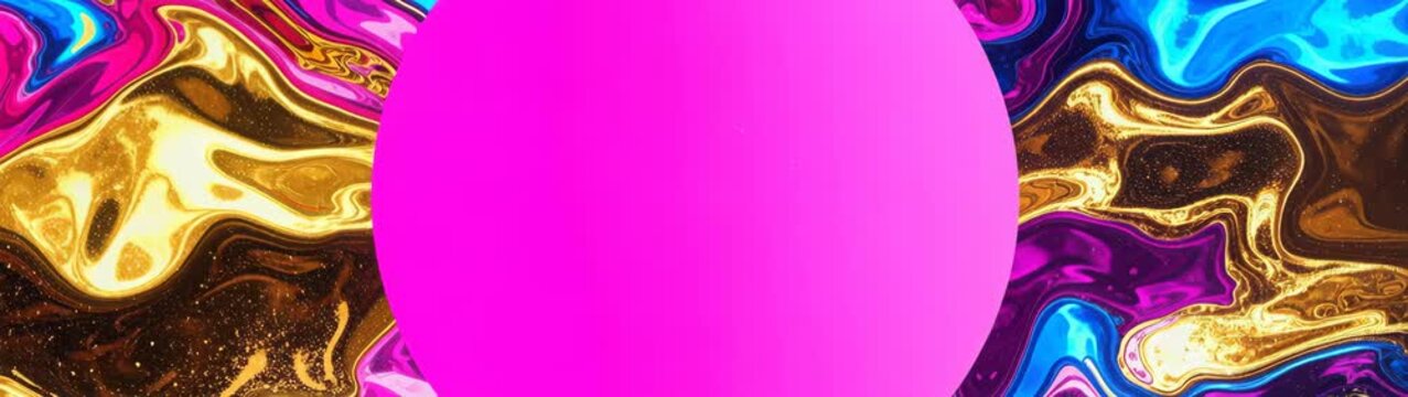 Gold and bright hues pattern creating a colorful background with a large magenta circle overlay providing a copy space.