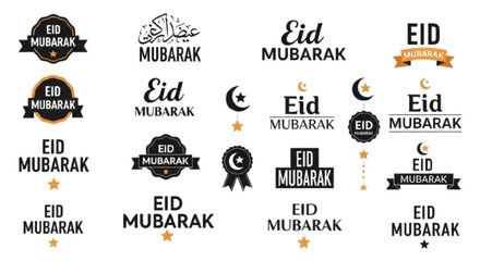 eid mubarak typography set vector illustration, different text styles, badges, ribbons, islamic elements, white background  vector icon , white background  © MDRAHMET