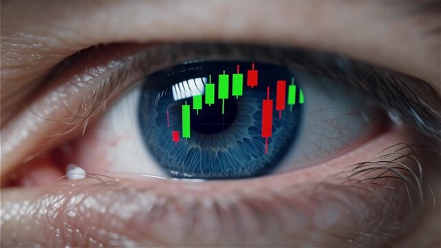Close up of a human eye reflecting a dynamic candlestick chart in the pupil symbolizing trader vision and immersive financial monitoring